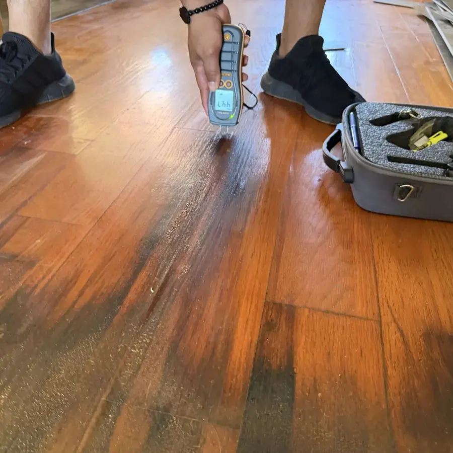 Pin moisture meter reading a wet hardwood floor during a Lodi dry-out