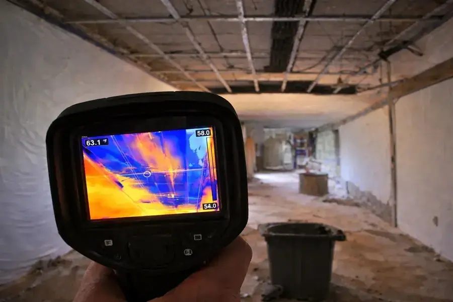 Thermal imaging camera showing hidden moisture in a gutted room in Lodi