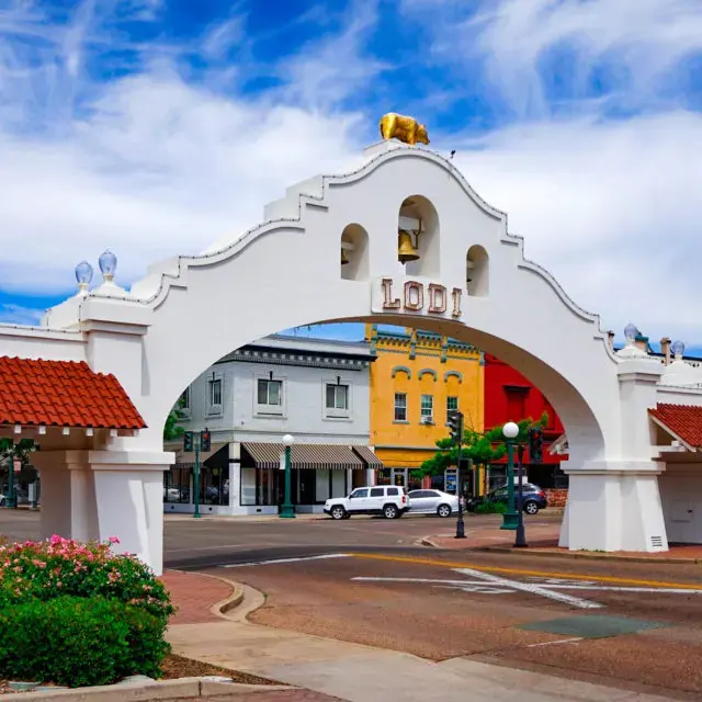 The Lodi Arch over the entrance to downtown Lodi, California
