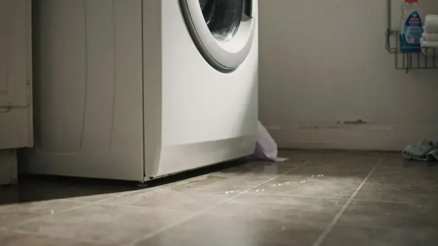 Water spreading on a tile floor from a leaking washing machine