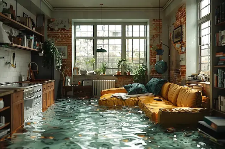 Floodwater standing across a living room and kitchen after a winter storm
