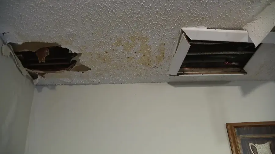 Stained and broken ceiling drywall below a storm roof leak in Lodi