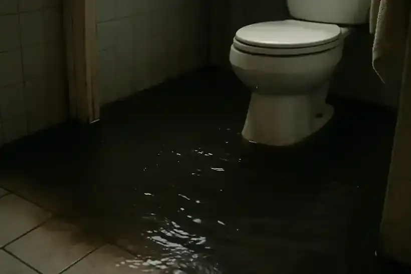 Bathroom floor under water after a toilet overflow